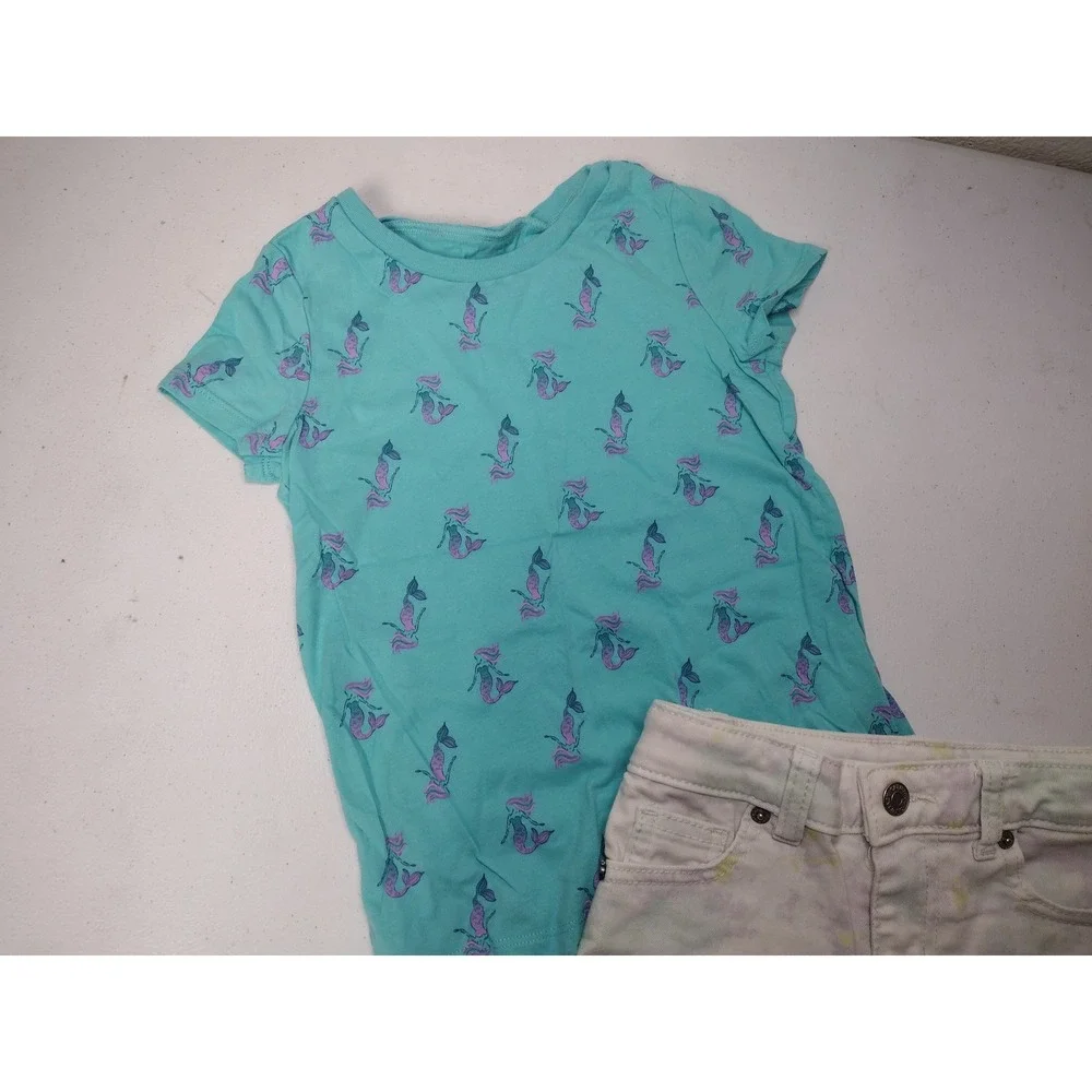 Mermaid Tee and Tie Dye Denim Shorts Set Girls 6/6X Teal White